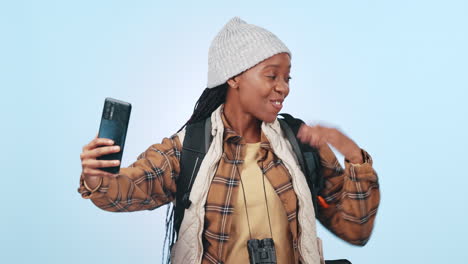 hiking, video call and black woman with hand