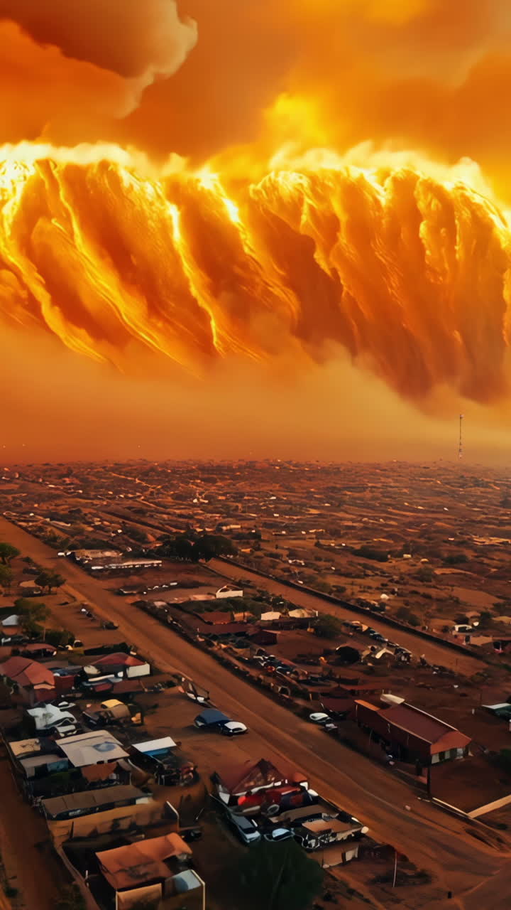 A large orange cloud is rising over a city. The sky is orange and the clouds are dark. The city is in the background and the clouds are covering the sky