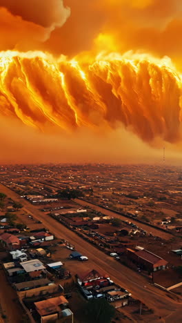 a large orange cloud is rising over a city. the sky is orange and the clouds are dark. the city is in the background and the clouds are covering the sky