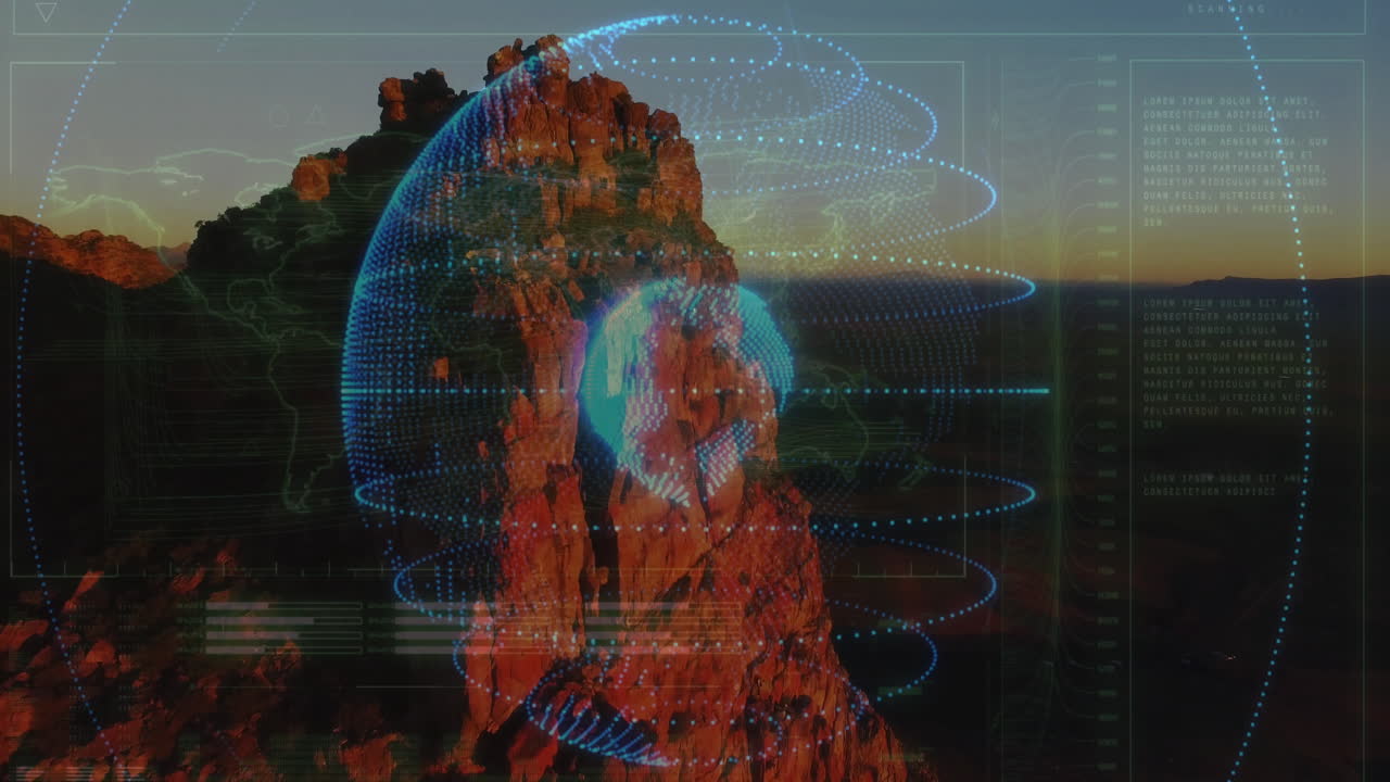 Sandstone formation displaying holographic data interface over canyon, featuring rotating 3D globe