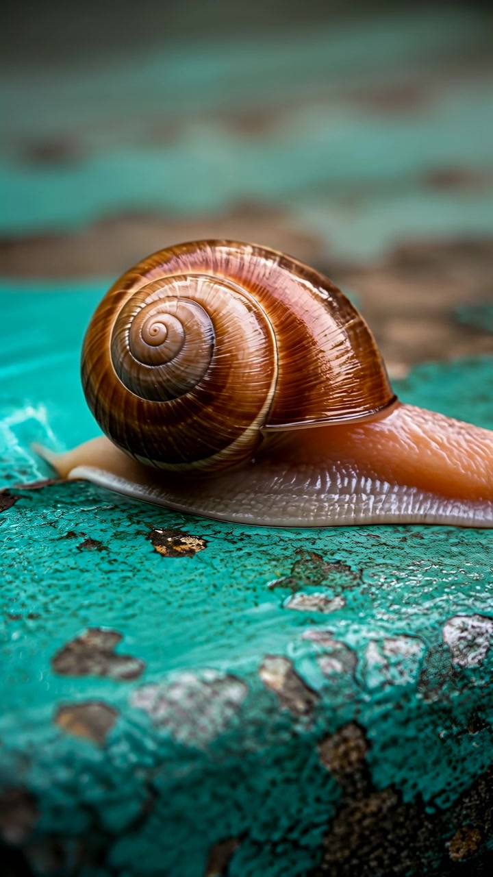 Brown garden snail moving rightward over weathered turquoise painted surface, body elongated with flat foot contacting rough texture, subtle mucus sheen at leading edge adding forward motion and