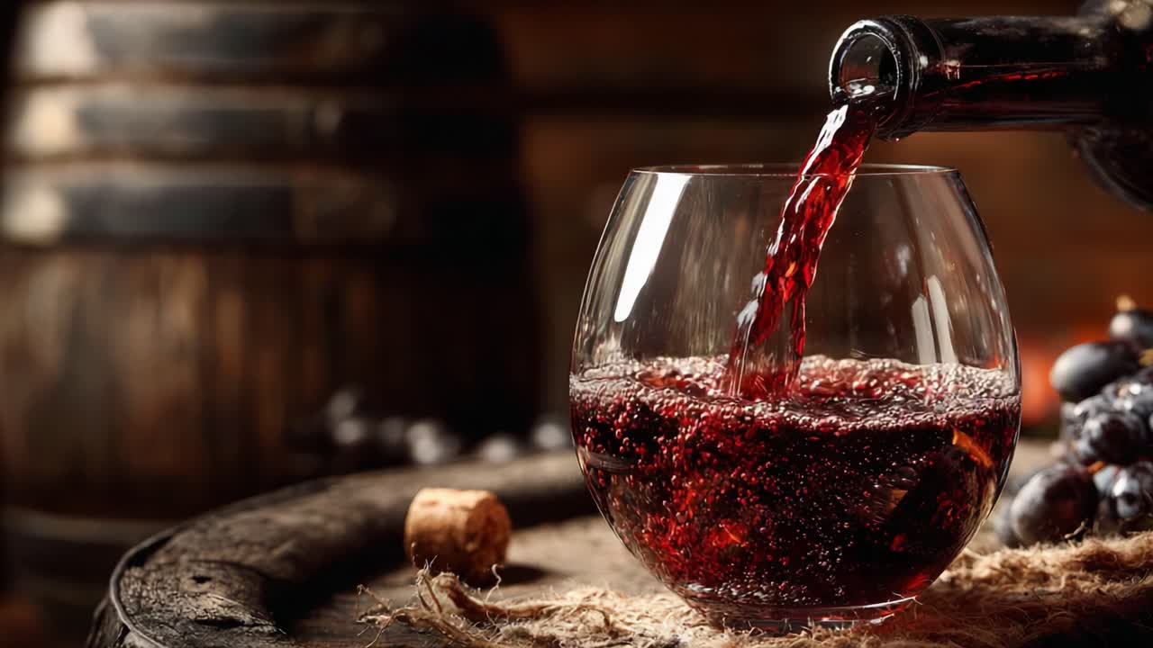 Uma jornada pela transformação do vinho: servindo um vinho rubi em uma taça, capturando sua cor rica e profunda e sua efervescência brilhante entre barris rústicos e uvas