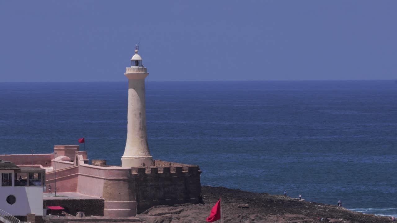 Morocco's scenic coastline with a panoramic view of a historic lighthouse by the ocean in Casablanca