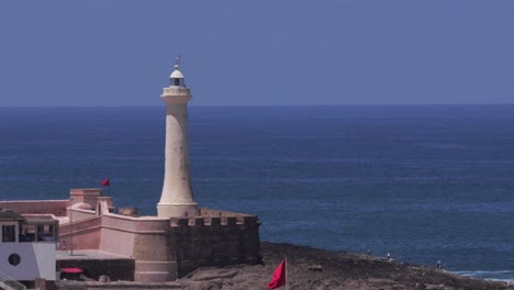 Morocco&#039;s scenic coastline with a panoramic view of a historic lighthouse by the ocean in Casablanca