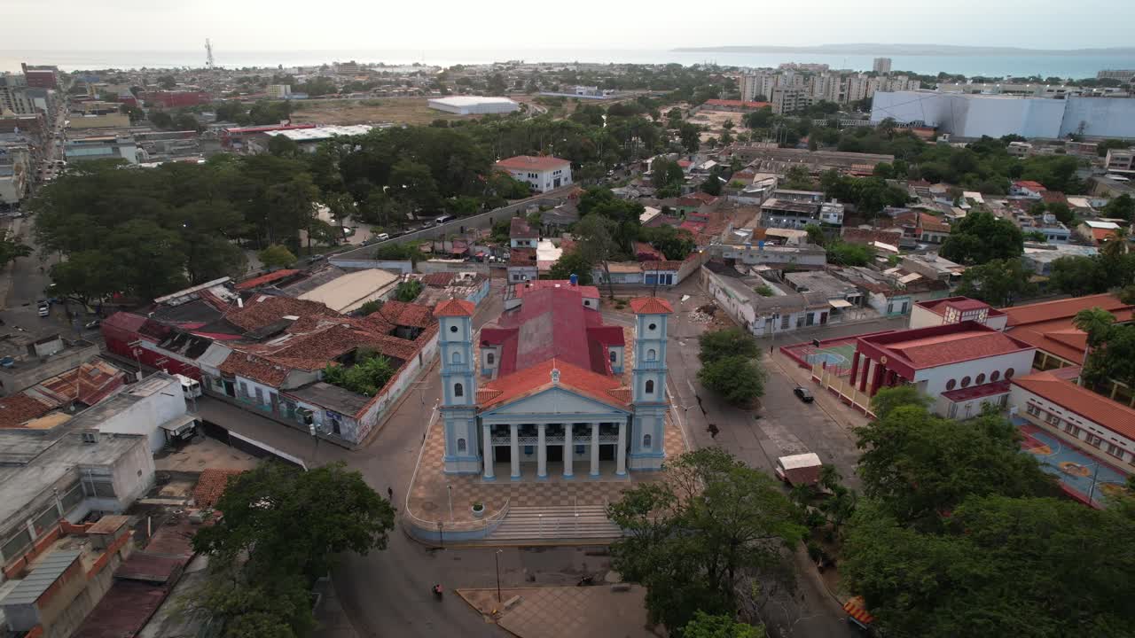 Cinematic Drone Dolly In on the Metropolitan Cathedral of Cumaná at Dramatic Sunset
