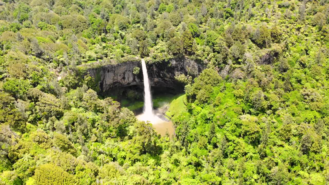 el panorama del velo nupcial cae, waireinga con un bosque verde y exuberante en waikato, nueva zelanda