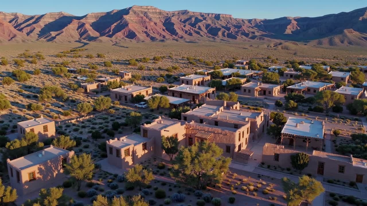Vista aerea di case in adobe nel deserto