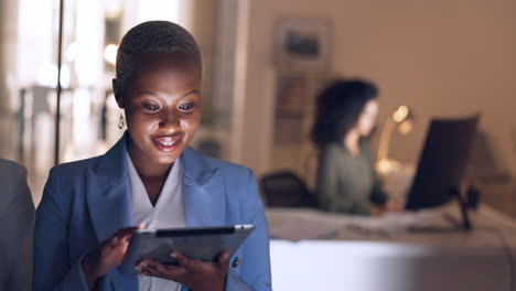 Business,-night-and-black-woman-working-on-tablet