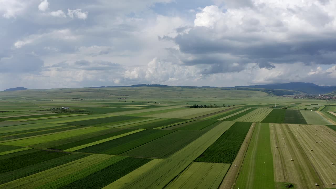 Aerial: farmland crops growing in remote Romanian countryside, lowering view