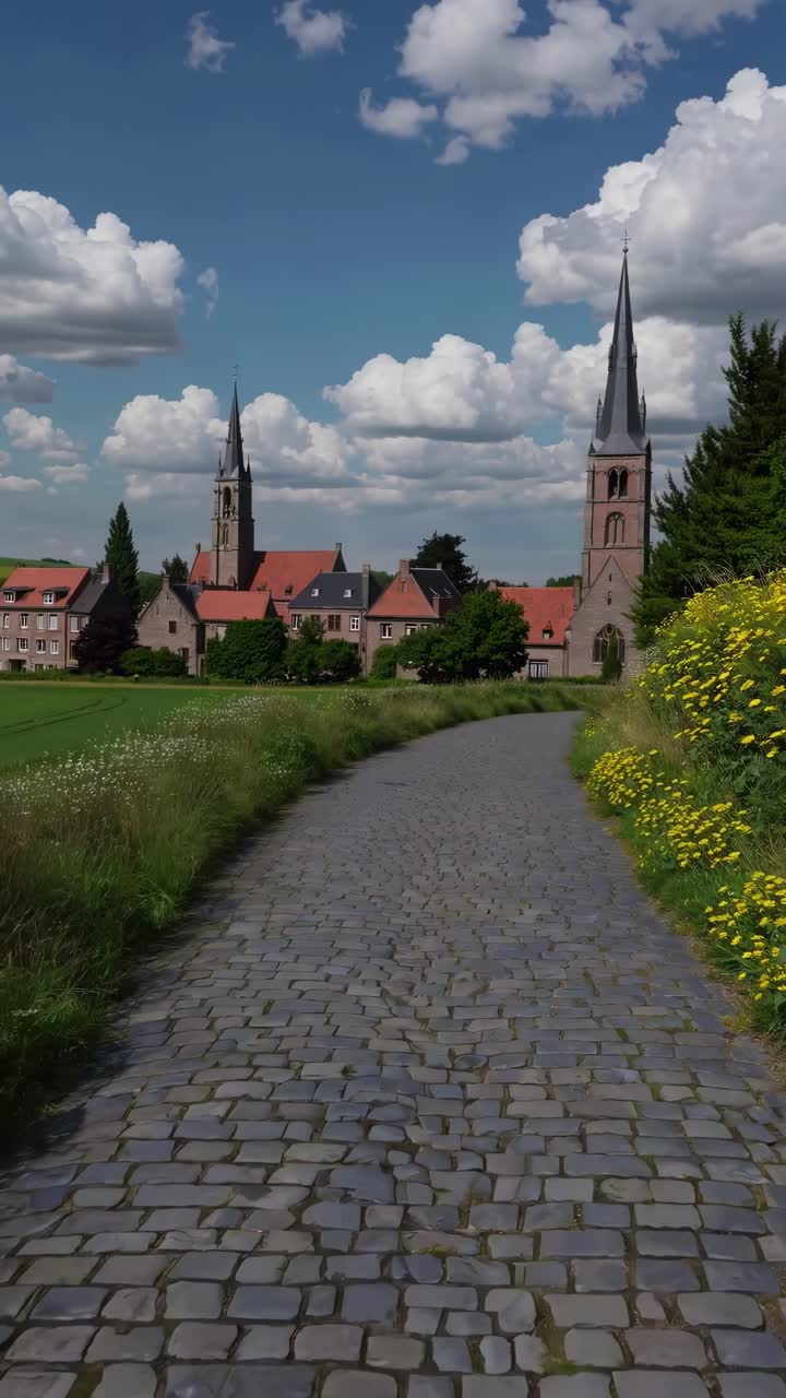 Aerial video view of a serene rural landscape with lush green fields and a quaint village