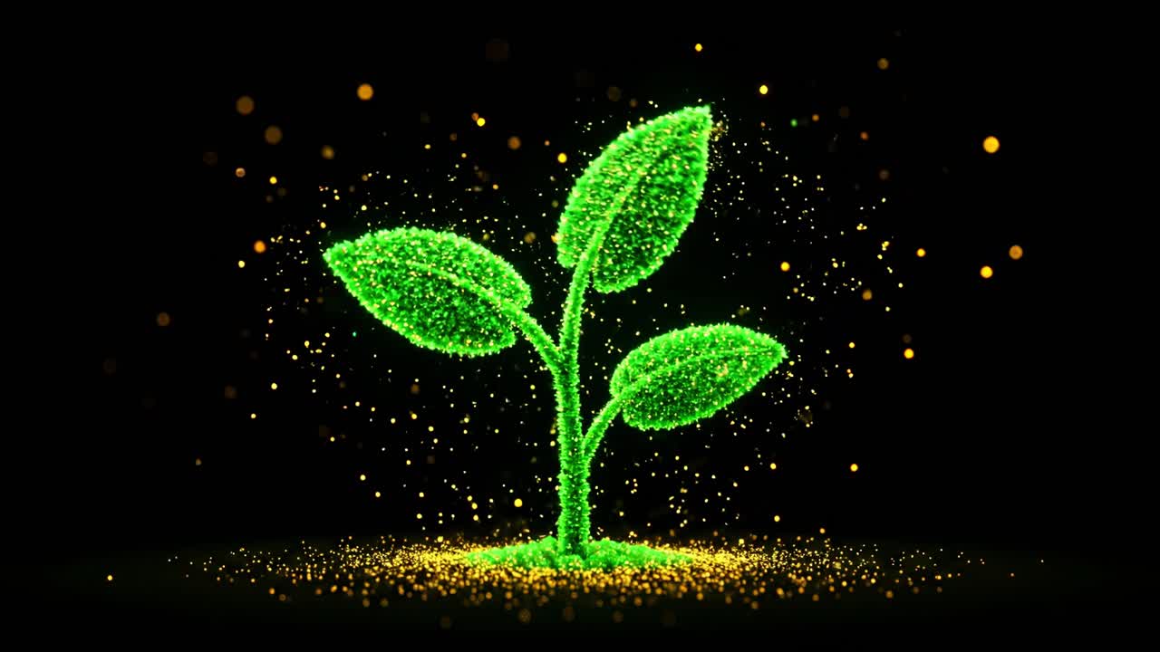 Sparkling green plant growth animation showcasing nature's beauty in a dark background with glowing particles