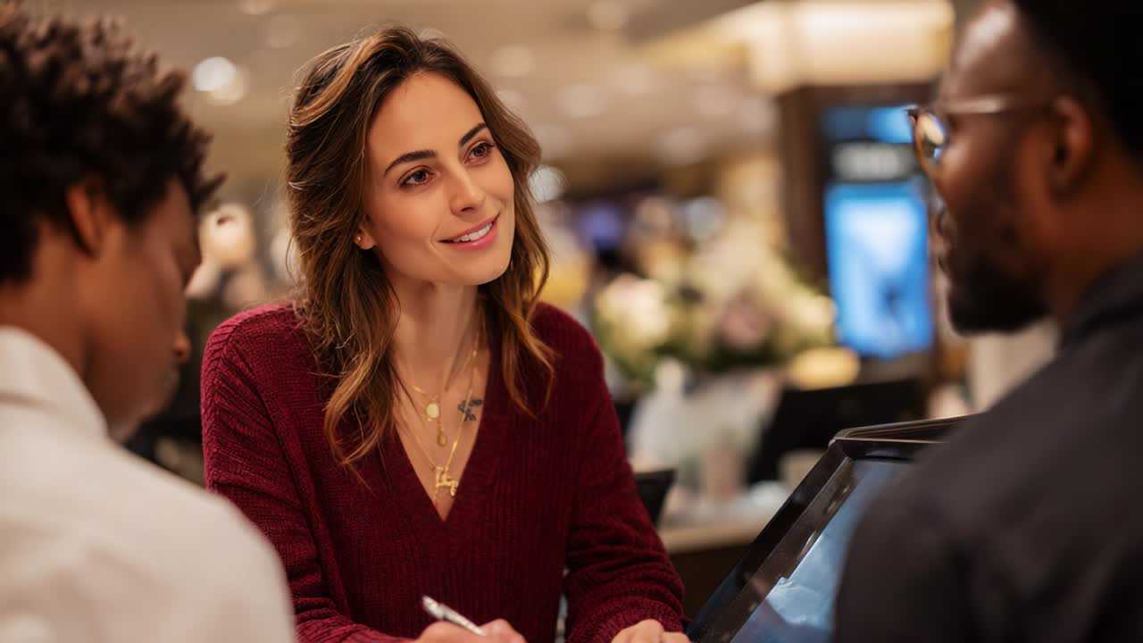 Engaging Conversation: A Woman Discusses Important Matters with Two Individuals at a Counter in a Busy Environment, Demonstrating Collaboration and Communication Skills in a Professional Setting