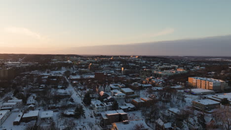 snowscape downtown of fayetteville during sunset in washington county, northwest arkansas