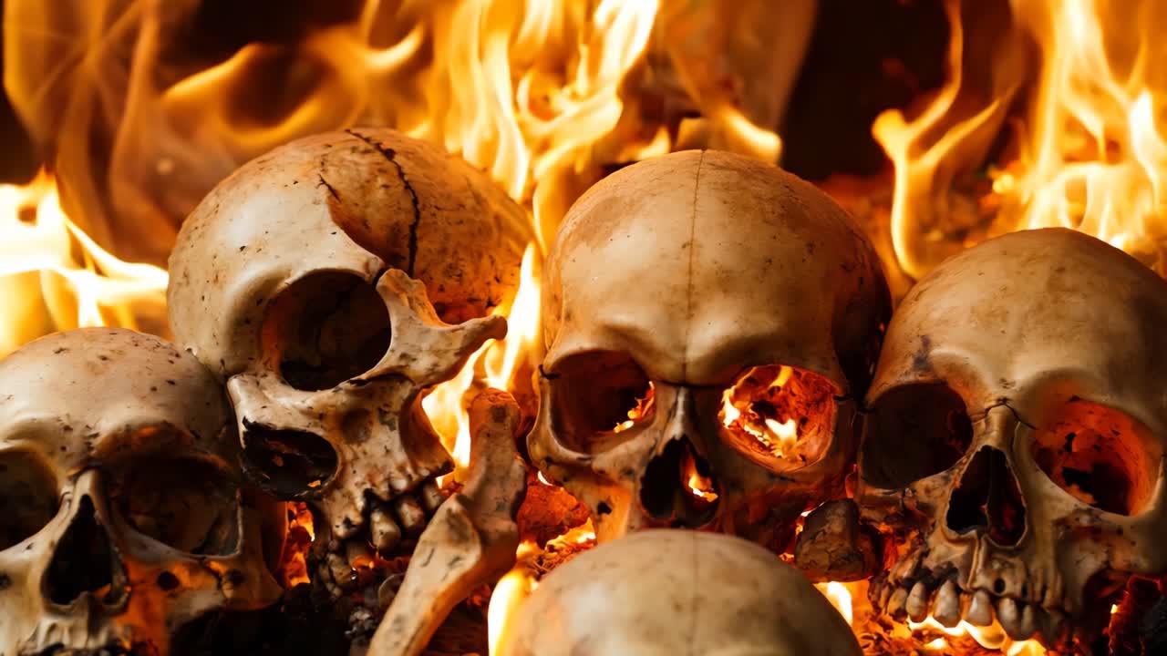 un grupo de calaveras sentadas frente a un fuego
