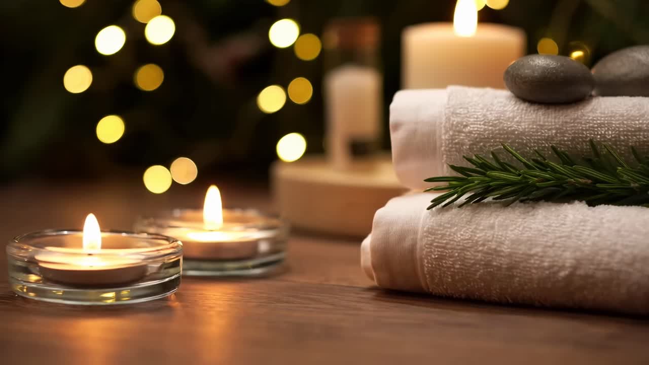 Cozy spa setting with candles and towels, captured in a warm, low-angle video shot