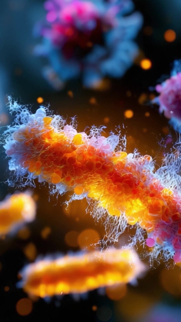 Una visualizzazione mozzafiato della vita microbica: immagini accattivanti mostrano batteri colorati in mezzo a uno sfondo vibrante di attività microbica.