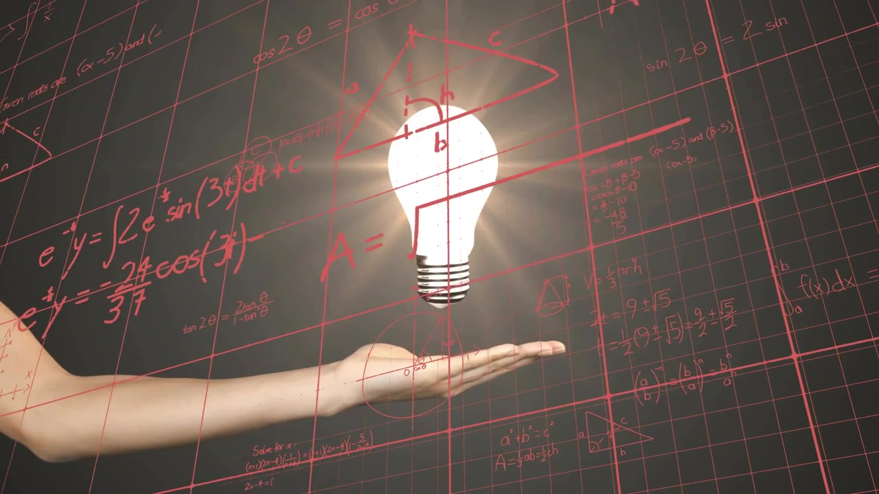 Forearm presenting palm up while descending bulb hovering glowing, visualizing math on tech grid