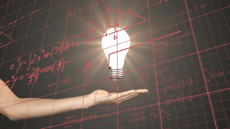 Forearm presenting palm up while descending bulb hovering glowing, visualizing math on tech grid