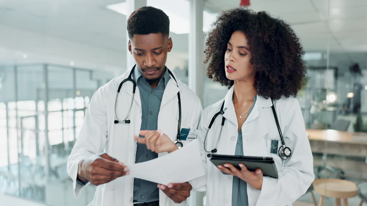 Paperwork, doctors group and people reading