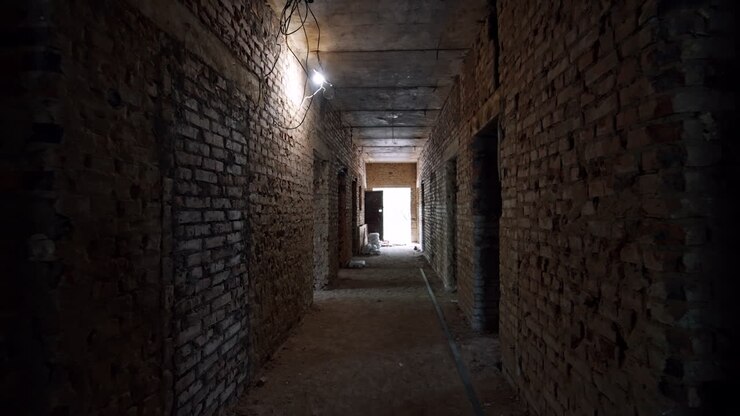 Moving by the long corridor in the old building with brick walls. Materials for interior works are in the hall.