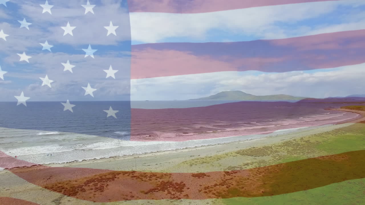 animación de la bandera de los estados unidos ondeando sobre el paisaje marino de la playa
