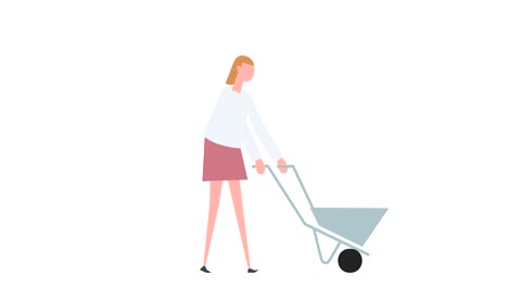 animación de personajes de mujeres coloridas de dibujos animados. situación de bicicleta de caminata de chica con carrito vacío