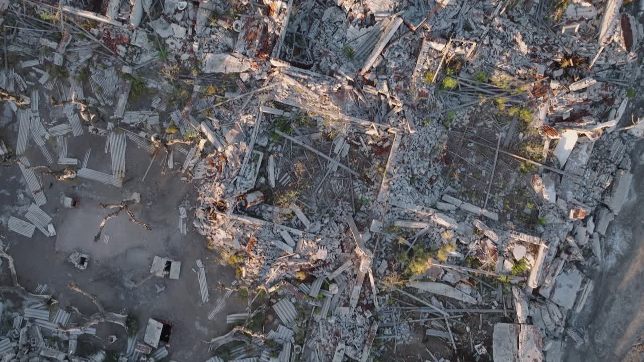 Aerial fly above town ruins in Epecuén, emerged after natural disaster at Buenos Aires province Argentina. Slow Motion