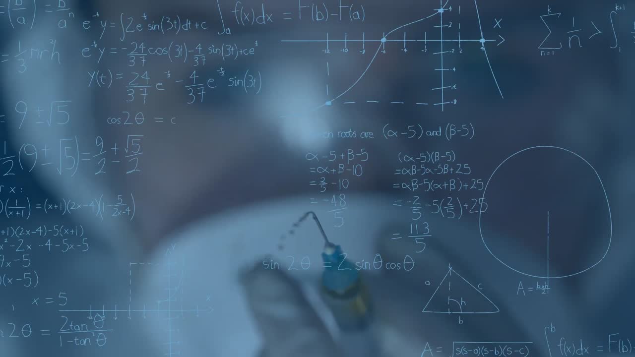 주사기를 들고 있는 여성 과학자 위에 수학 방정식의 애니메이션