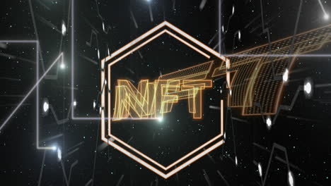 animación de nft en hexágonos flotando sobre fondo negro con circuito integrado