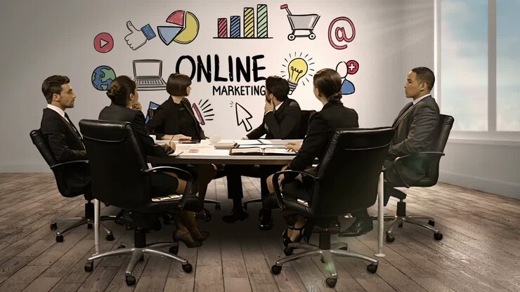 Geschäftsleute betrachten einen digitalen Bildschirm, der Online-Marketing zeigt.