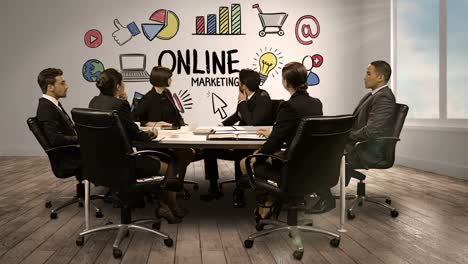 Geschäftsleute-Schauen-Auf-Einen-Digitalen-Bildschirm,-Der-Online-Marketing-Zeigt