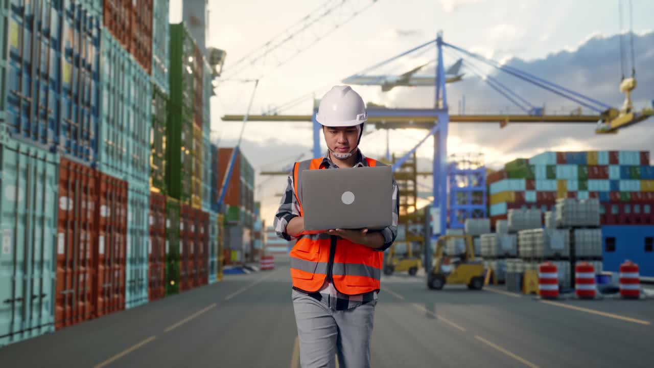 Front View of Asian Male Engineer Use Computer While Walking at Port with Container Ship and Cranes at Sunset