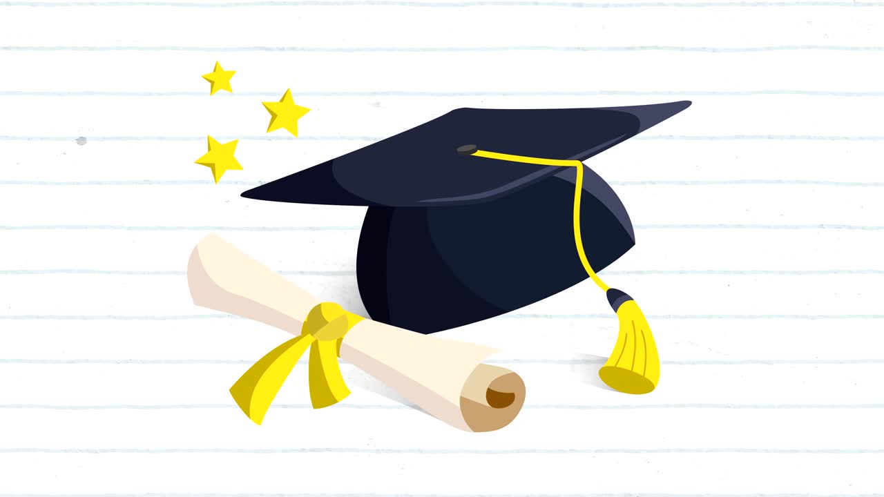 Animation of a graduation hat and a diploma with a blue grid on a white background