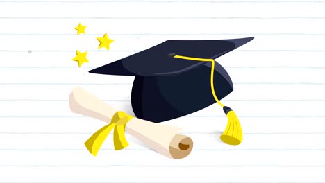 animation of a graduation hat and a diploma with a blue grid on a white background