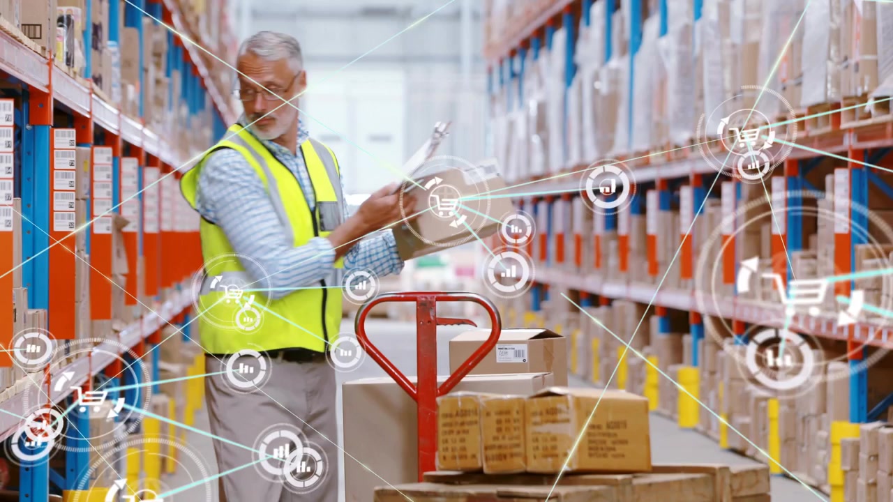 Warehouse worker pushing jack checking notes scanning labels causing data overlay tracking stock