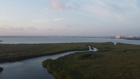 Vista-Aérea-Del-Paisaje-Cerca-Del-Puente-Punta-Nizuc-En-Cancún,-México,-Con-Vistas-A-Las-Aguas-Azules-Del-Mar-Caribe-Y-Un-Impresionante-Contraste-Con-La-Vibrante-Vegetación-De-Los-Manglares.