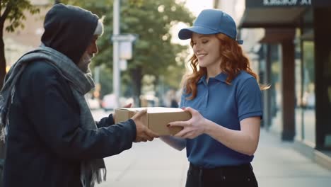 a smiling delivery person hands over a package to a grateful recipient on an urban street, displaying kindness and community interaction
