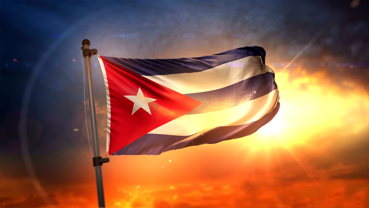 la bandera de cuba retroiluminada en el hermoso amanecer en movimiento lento 4k