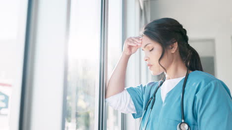 Doctor,-stress-and-anxiety-by-window-for-woman