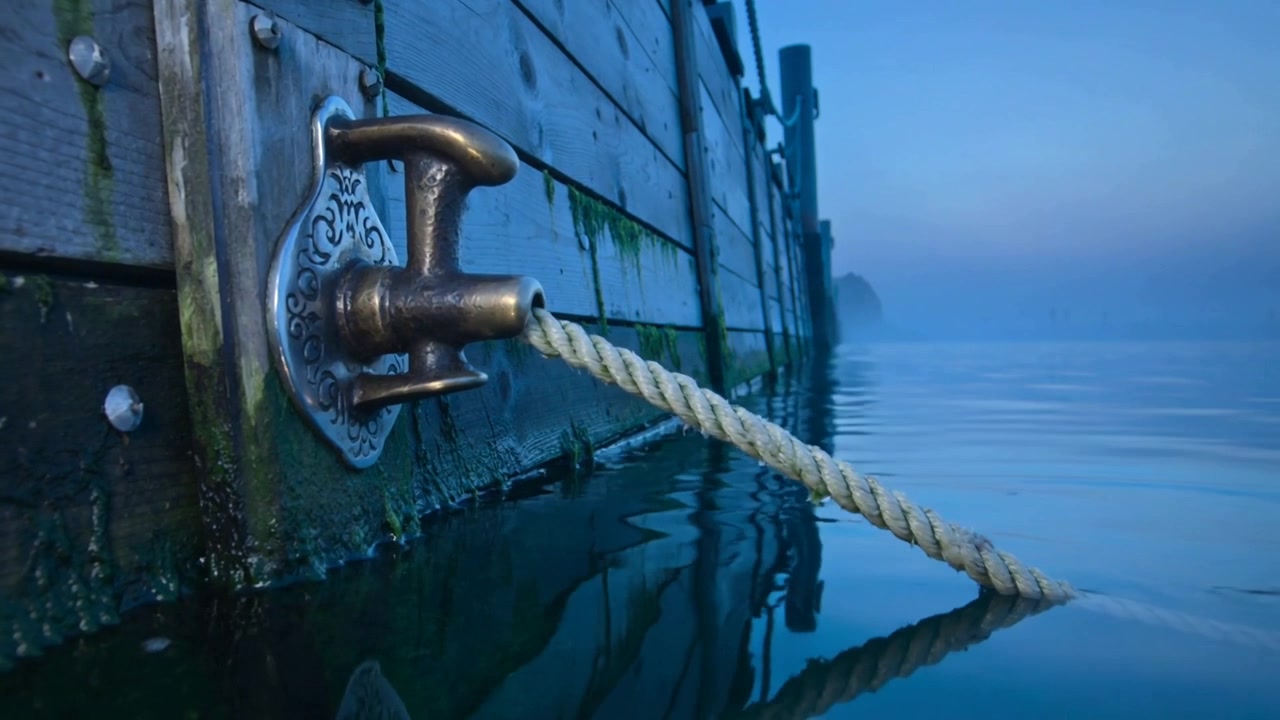 Oleaje suave empujando una cornamusa de latón ornamentada y una cuerda de amarre, sumergiéndose en agua tranquila en un muelle de madera.