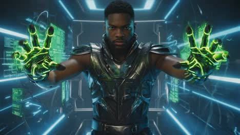 man with glowing green hands in a futuristic sci-fi setting