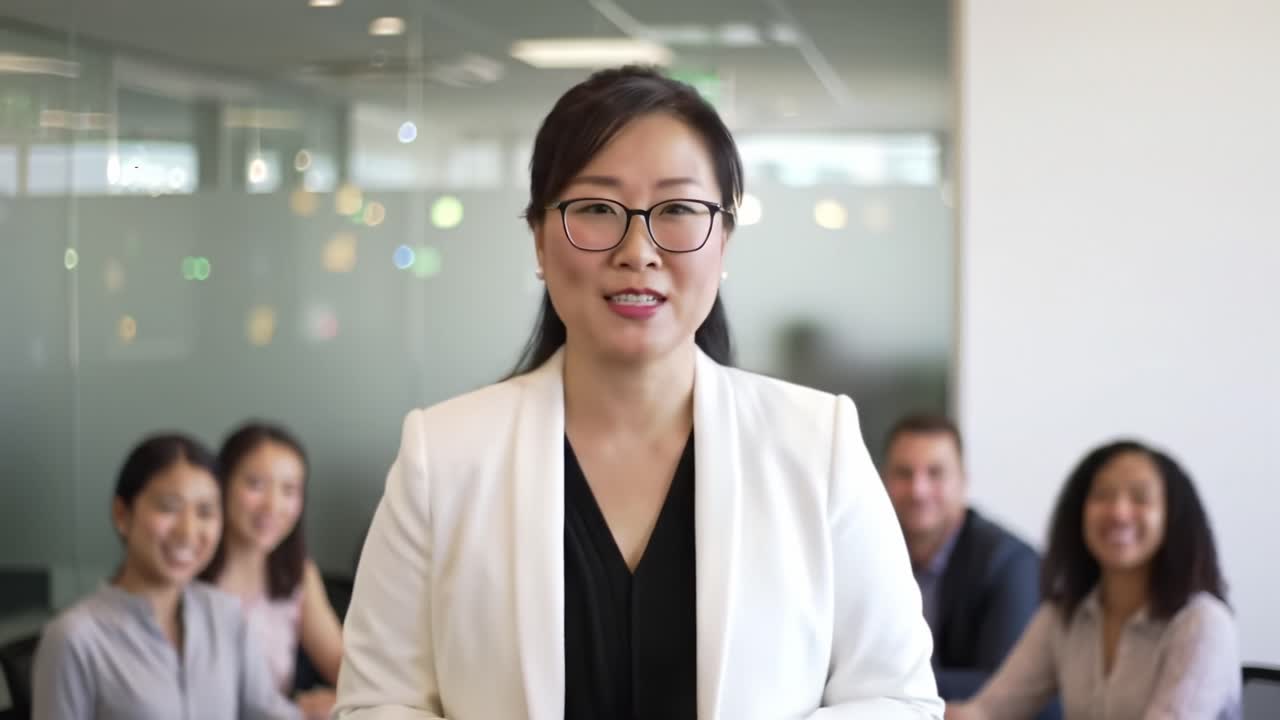 A confident professional woman addressing her colleagues in a modern ...