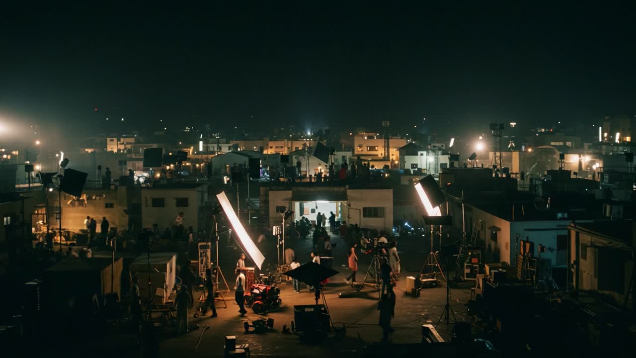 Una Produzione Cinematografica Notturna si Svolge sui Tetti, Mostrando un Set Cinematografico Dinamico Circondato da Strutture Urbane e Illuminato da Luci Brillanti