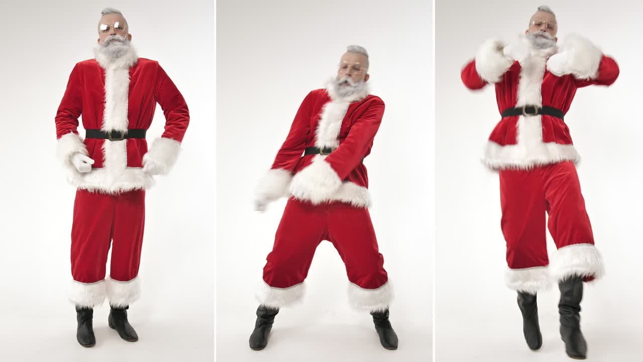 Energetic active dance of excited fun Santa Claus, congratulation happy holidays
