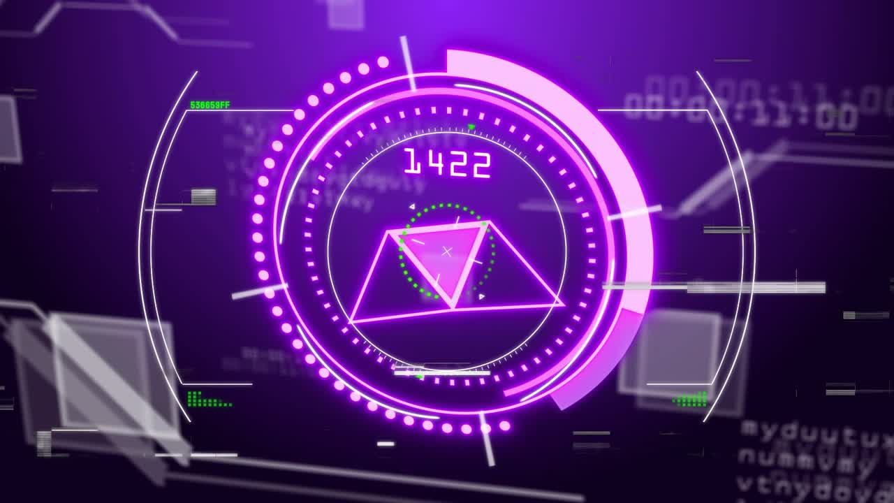 Scene opening revealing HUD interface, changing readouts, rotating prism, ticks visualizing data