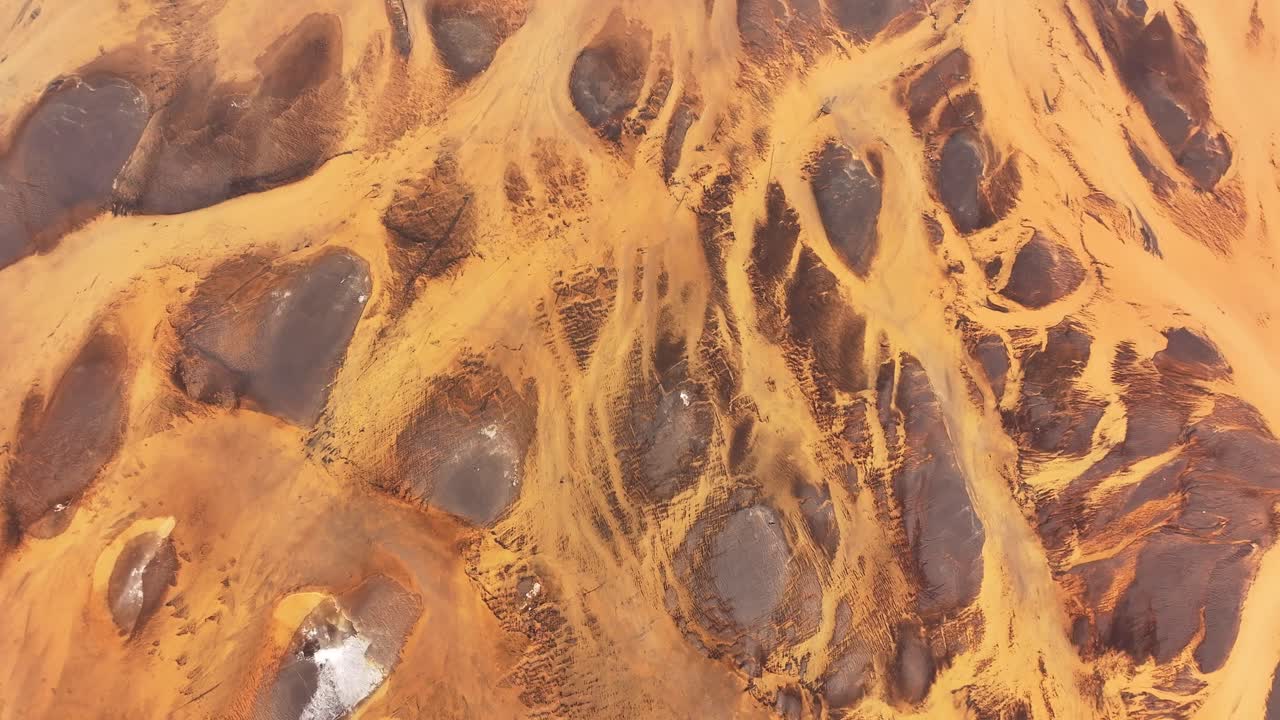 Aerial view of the striking yellow river patterns of Þjórsá, Iceland, where mineral-rich water creates surreal abstract shapes across volcanic terrain.