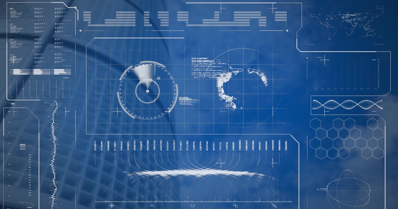 Animation of globe, dna helix, loading bars and radar over modern building against sky