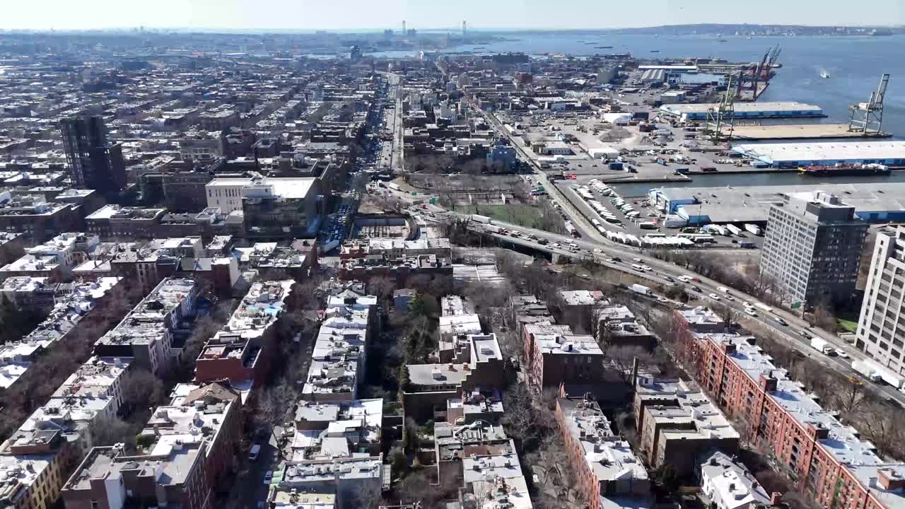 Horizontal drone push-in shot over Remsen Street in Brooklyn, revealing the city's vibrant streets, historic architecture, and dynamic skyline with a smooth forward aerial approach.