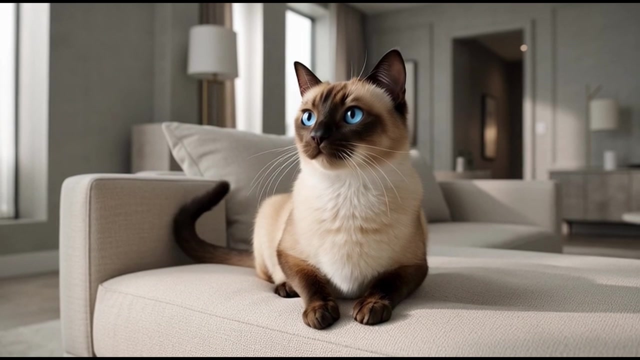 Gatto siamese che riposa su un divano in un soggiorno moderno