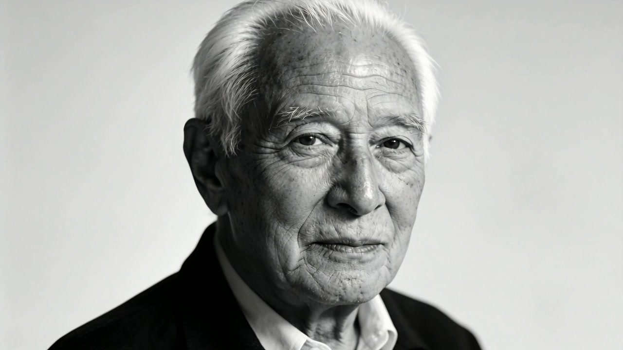 Sentendo un segnale, un anziano uomo asiatico muove la testa e addolcisce il sorriso mentre posa in studio, indossando un blazer.